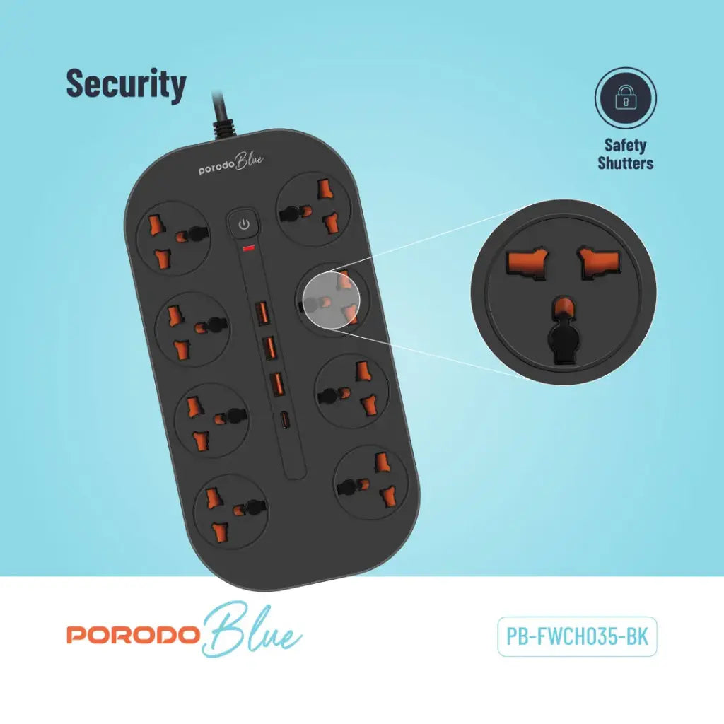 Porodo Blue 8 AC Power Strip with 1 USB-C and 3 USB-A, 3m UK Plug - Black