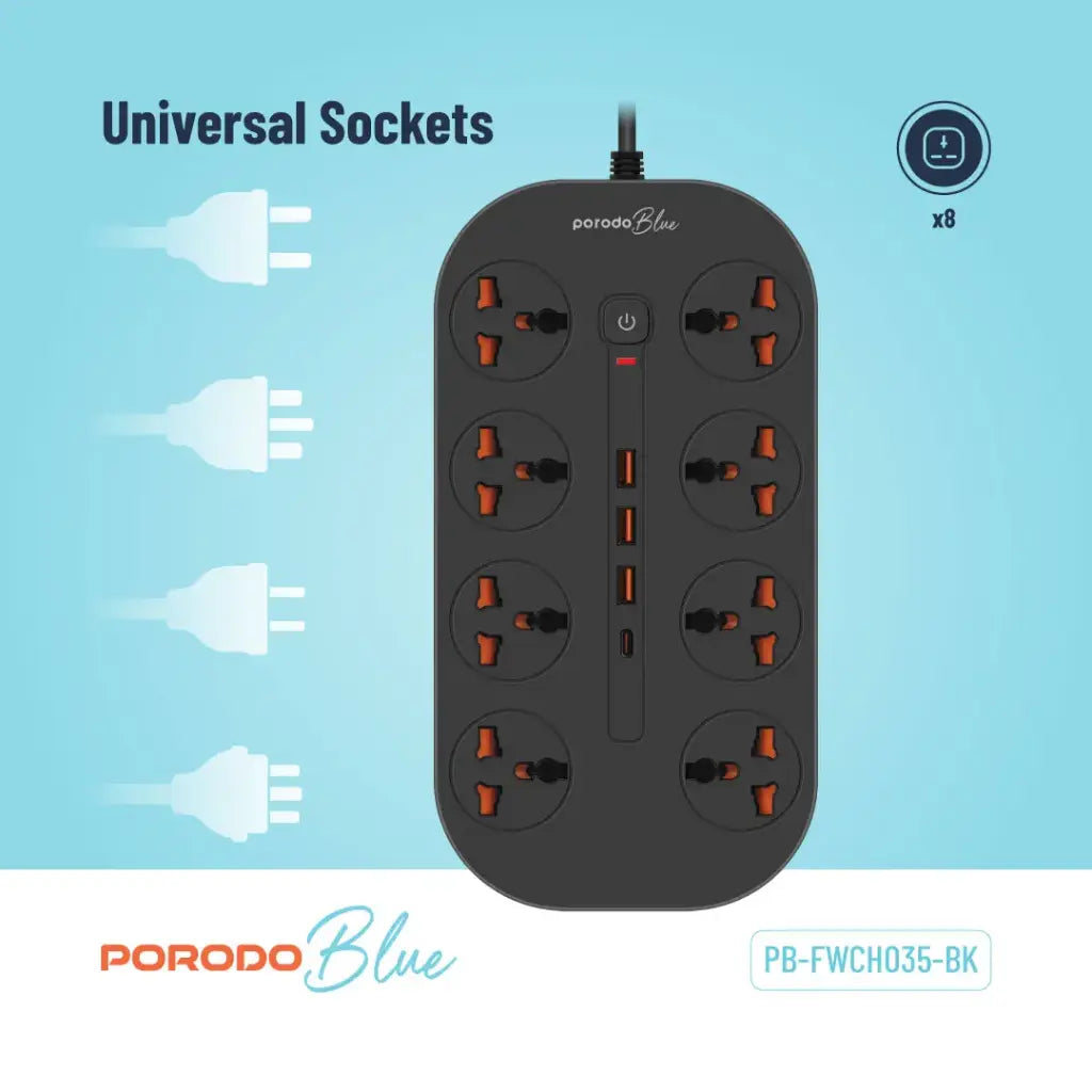 Porodo Blue 8 AC Power Strip with 1 USB-C and 3 USB-A, 3m UK Plug - Black