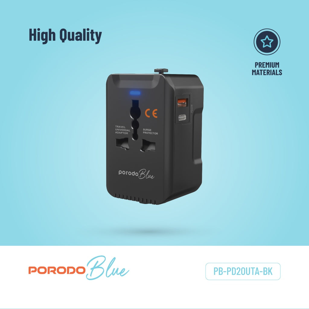 Porodo Blue محول سفر عالمي بمنفذين 20 واط PD و18 واط QC - أسود