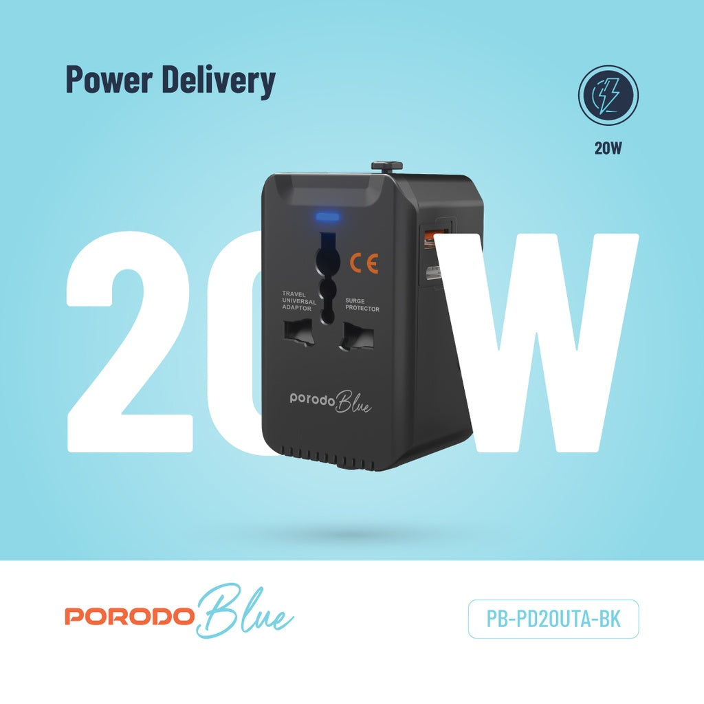 Porodo Blue محول سفر عالمي بمنفذين 20 واط PD و18 واط QC - أسود