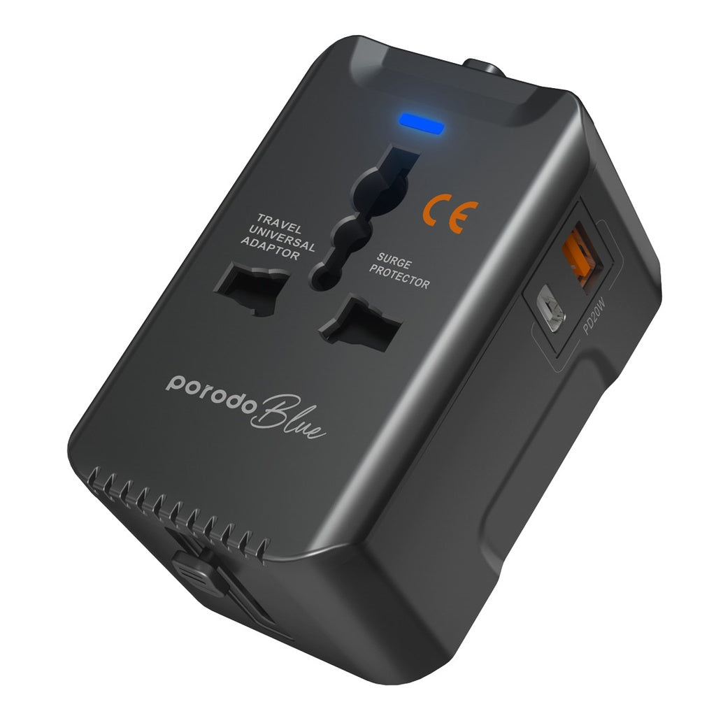 Porodo Blue محول سفر عالمي بمنفذين 20 واط PD و18 واط QC - أسود