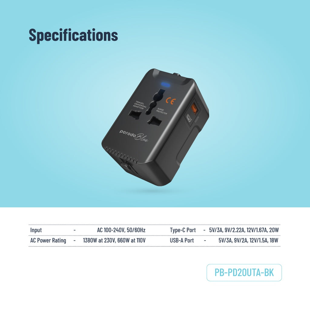 Porodo Blue محول سفر عالمي بمنفذين 20 واط PD و18 واط QC - أسود