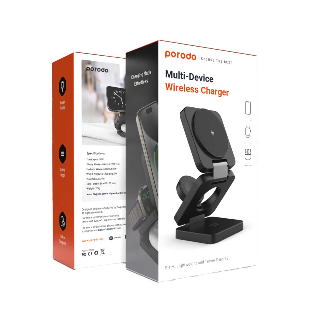 Porodo Multi-Device Wireless Charger Sleek, Lightweight And Travel-Friendly - PD-3N1MWFC-BK