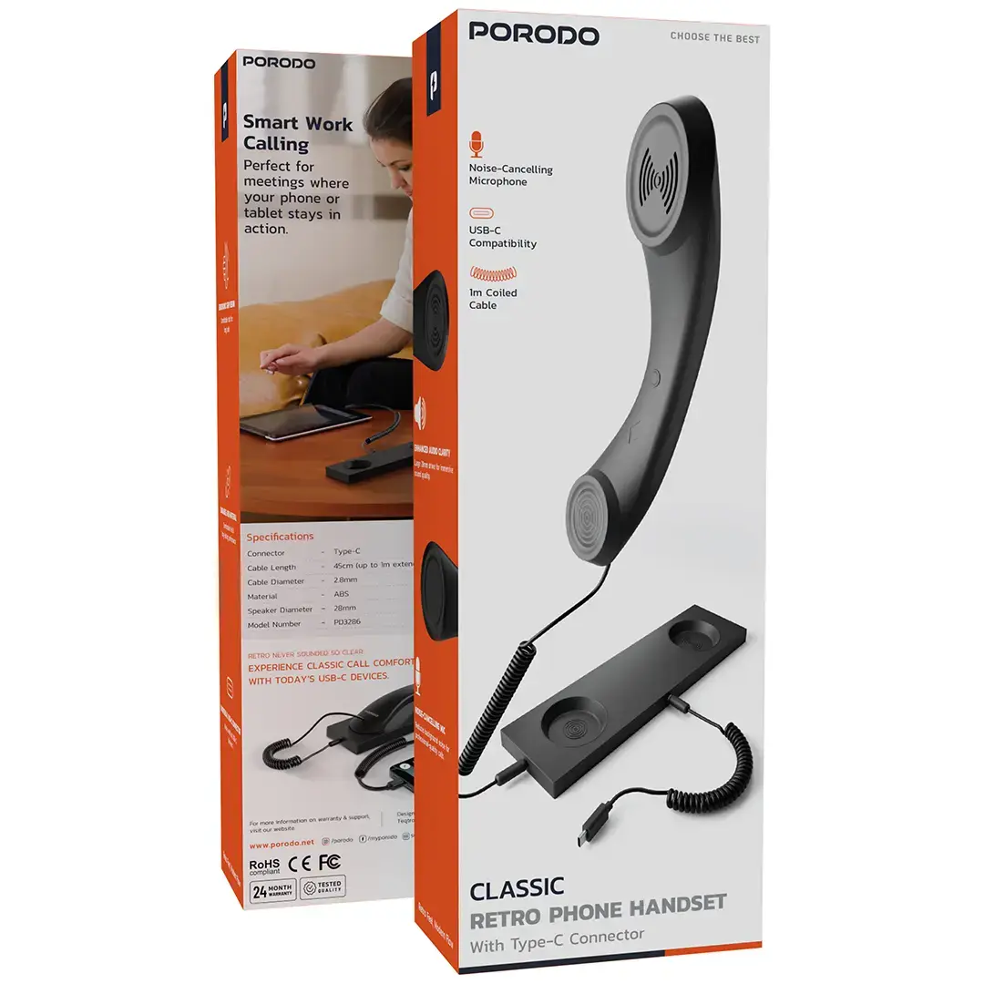 Porodo Classic Retro Phone Handset With Type-C Connector - PD3286BK