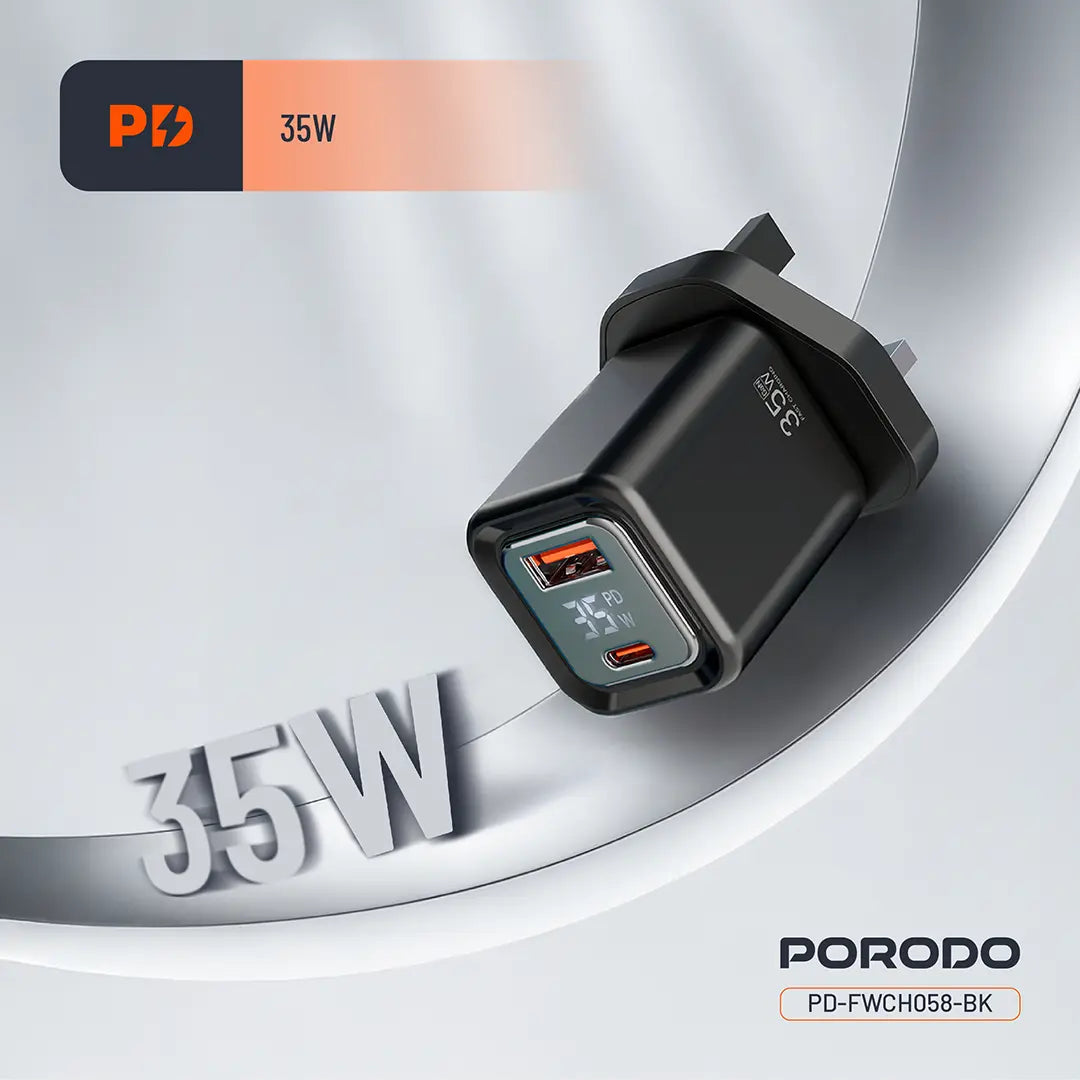 Porodo Dual-Port | Digital Display Quick Charger with Cable - PD-FWCH058-C-BK