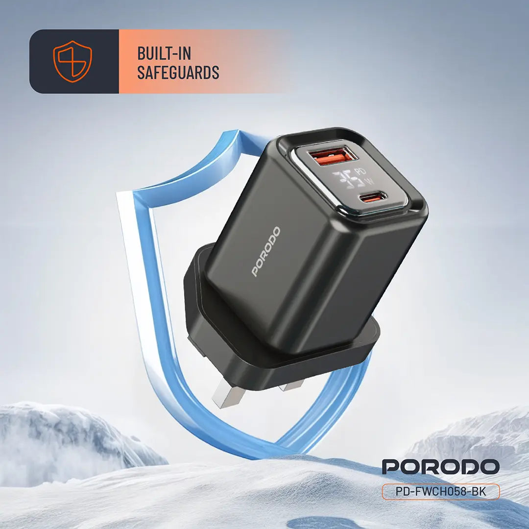 Porodo Dual-Port | Digital Display Quick Charger - PD-FWCH058-BK