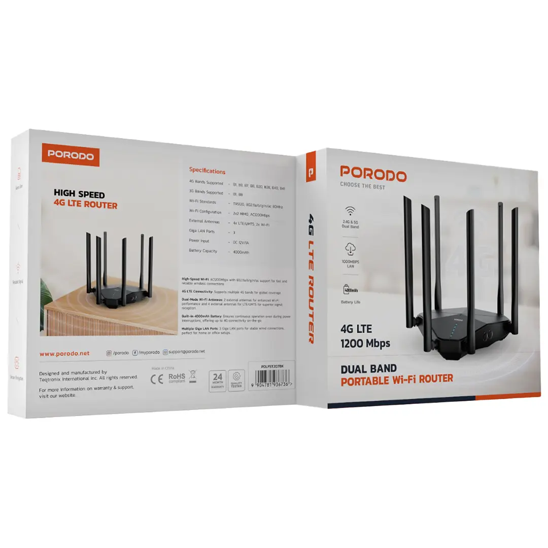 Porodo Dual Band Portable Wi-Fi Router - PDLFST207BK