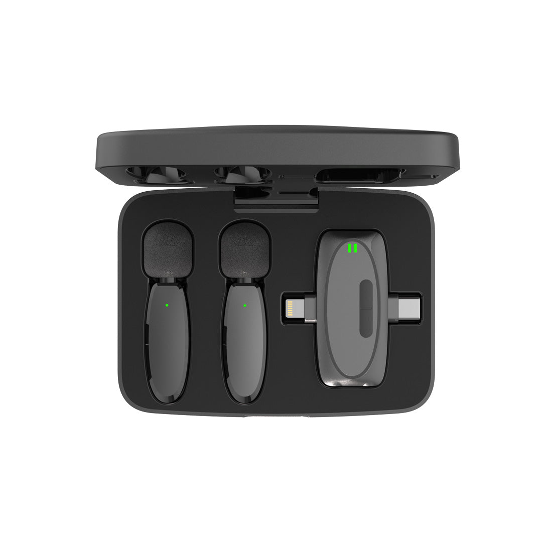 Porodo Wireless Lavalier Microphone & Charging Case Lightning/Type-C/3.5mm AUX In/Out - PD-2MLAVCC-BK