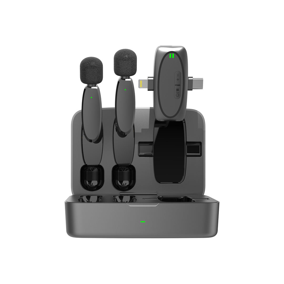 Porodo Wireless Lavalier Microphone & Charging Case Lightning/Type-C/3.5mm AUX In/Out - PD-2MLAVCC-BK
