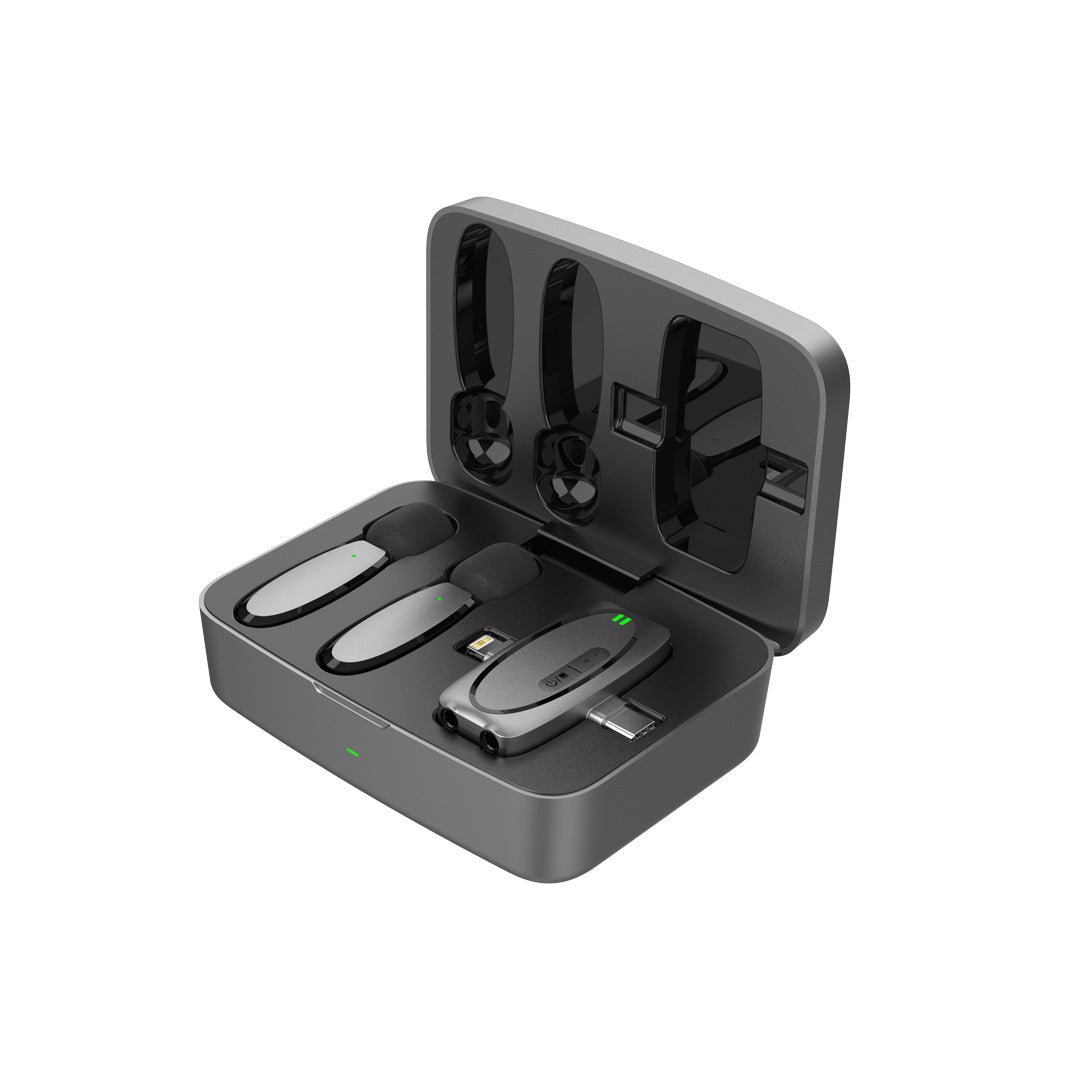 Porodo Wireless Lavalier Microphone & Charging Case Lightning/Type-C/3.5mm AUX In/Out - PD-2MLAVCC-BK