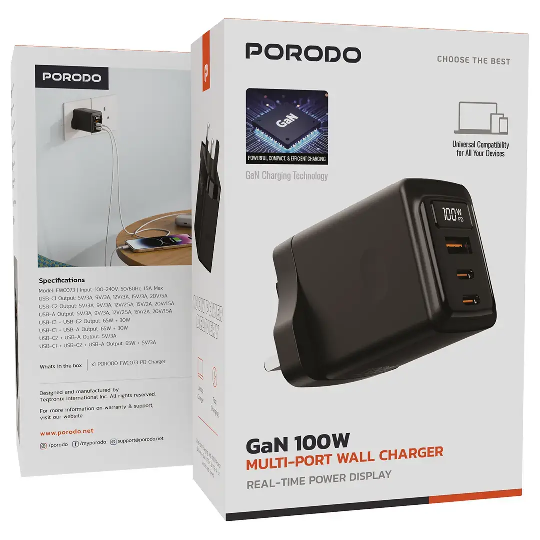 Porodo GaN 100W Multi-Port Wall Charger - PDFWCH073BK