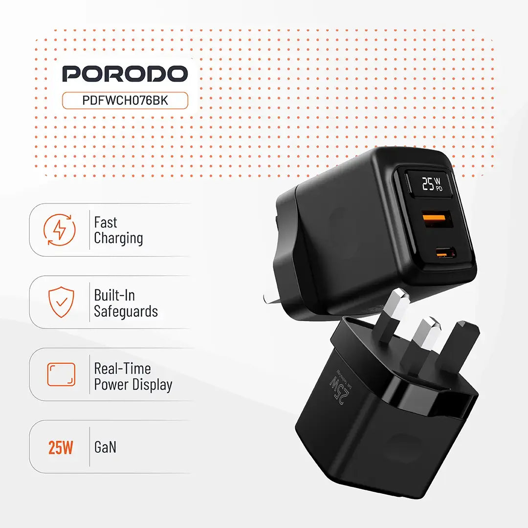Porodo GaN 25W Dual-Port Wall Charger With Type-C To Type-C Cable - PDFWCH076CBK