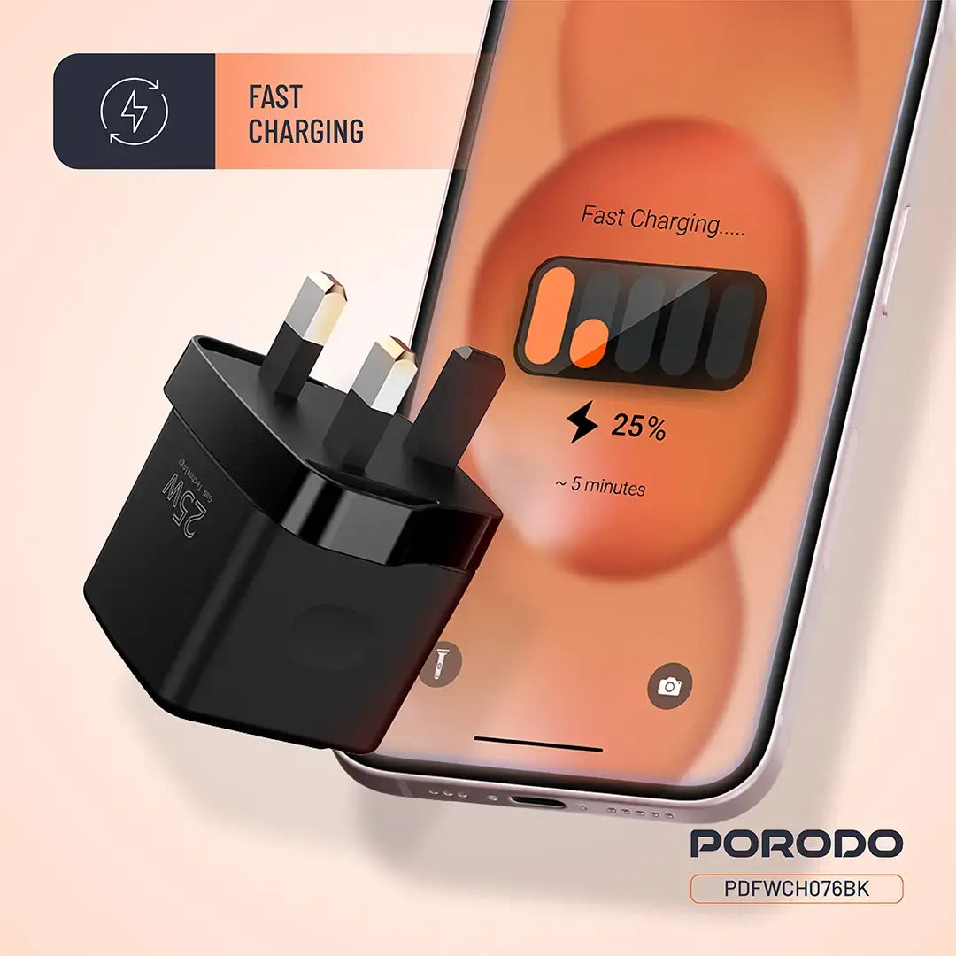 Porodo GaN 25W Dual-Port Wall Charger With Type-C To Type-C Cable - PDFWCH076CBK