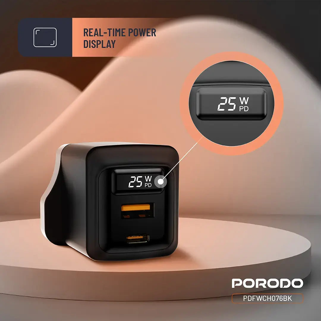 Porodo GaN 25W Dual-Port Wall Charger With Type-C To Type-C Cable - PDFWCH076CBK