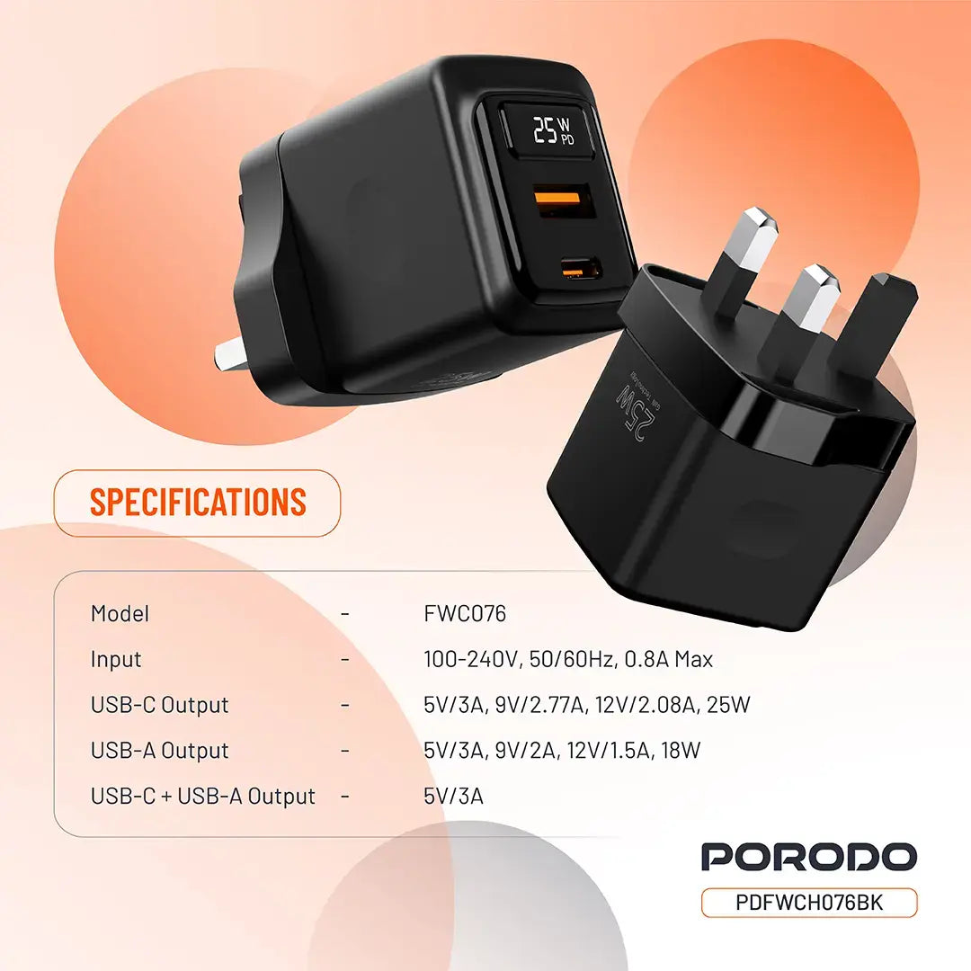 Porodo GaN 25W Dual-Port Wall Charger With Type-C To Type-C Cable - PDFWCH076CBK
