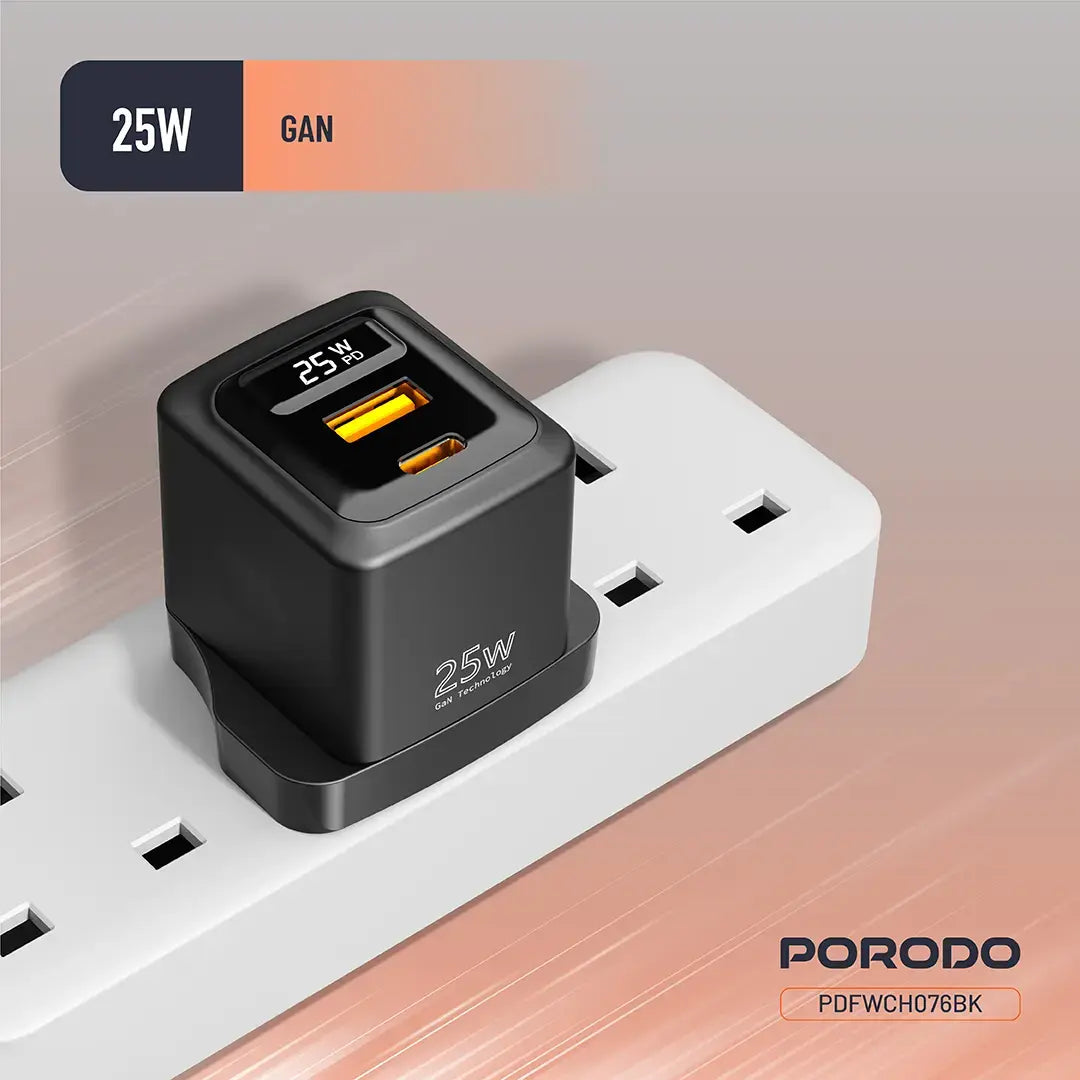 Porodo GaN 25W Dual-Port Wall Charger With Type-C To Type-C Cable - PDFWCH076CBK