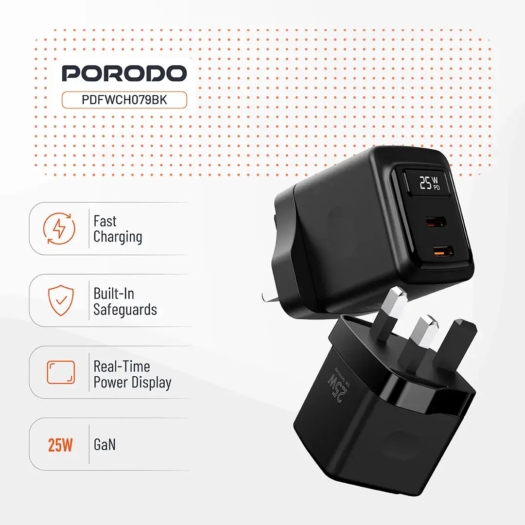 Porodo GaN 25W Dual USB-C Wall Charger - PDFWCH079BK