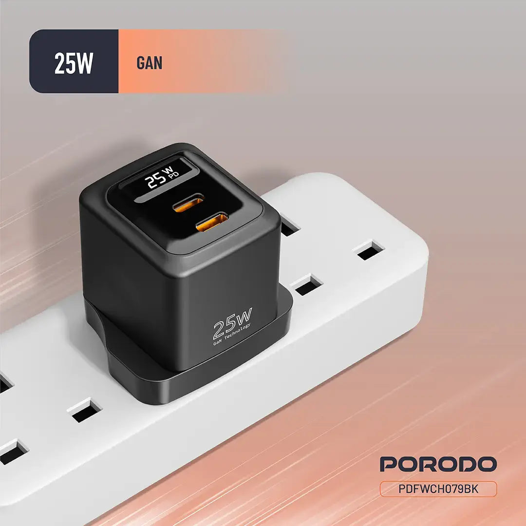 Porodo GaN 25W Dual USB-C Wall Charger - PDFWCH079BK