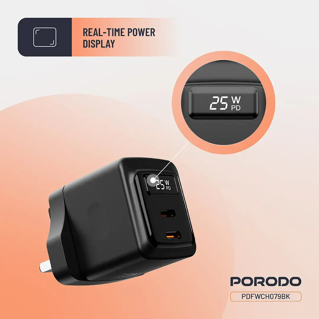 Porodo GaN 25W Dual USB-C Wall Charger - PDFWCH079BK