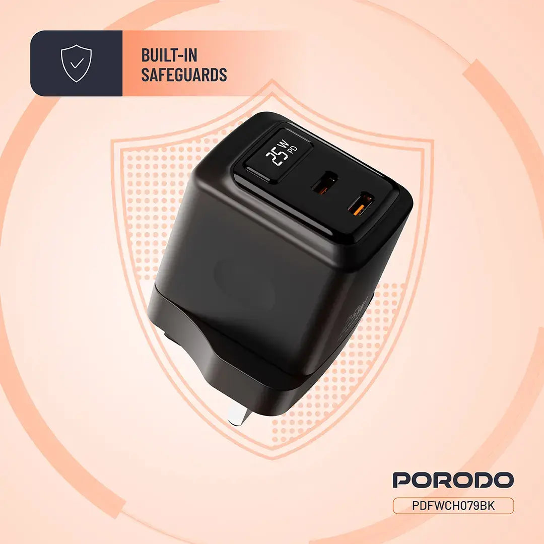 Porodo GaN 25W Dual USB-C Wall Charger - PDFWCH079BK
