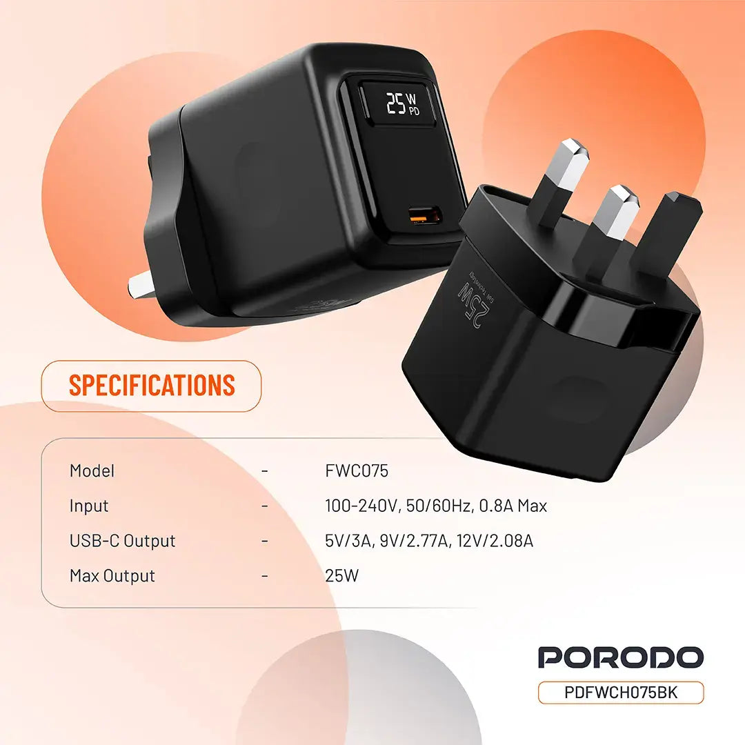 Porodo GaN 25W USB-C Wall Charger - PDFWCH075BK