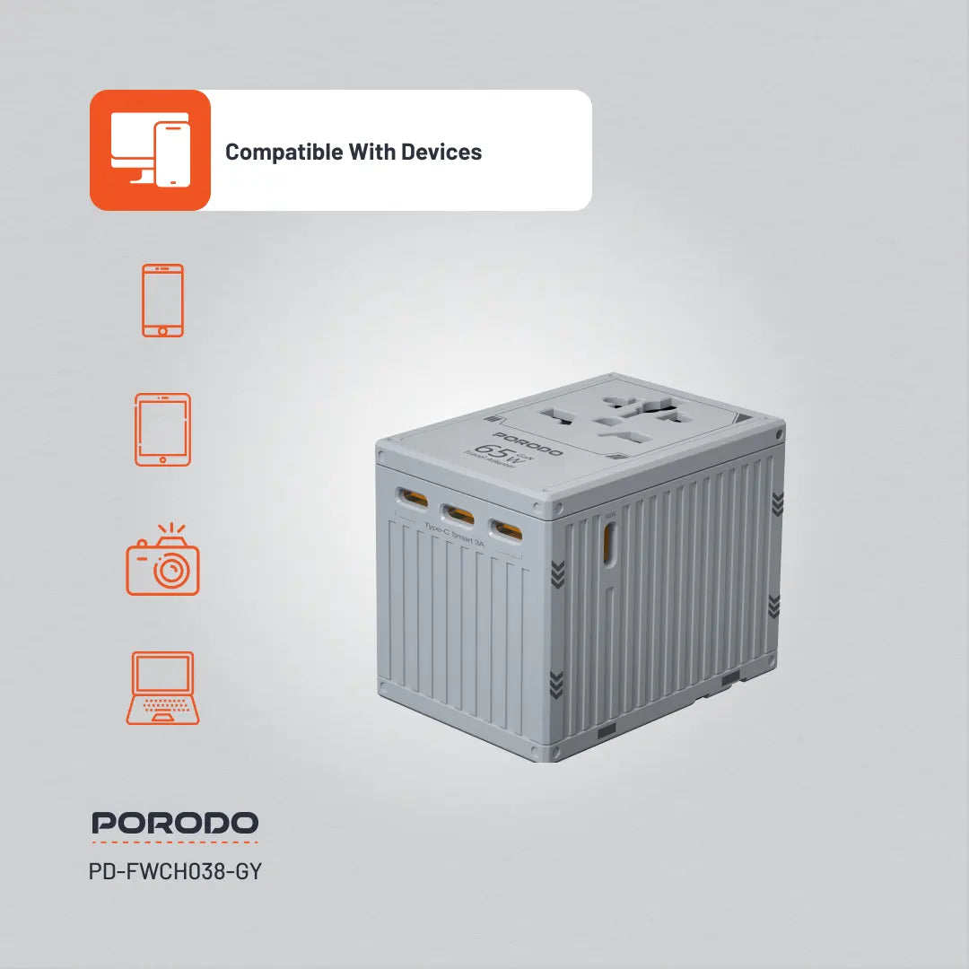 Porodo GaN 5-Port Travel Block Universal Charger - PD-FWCH038-GY