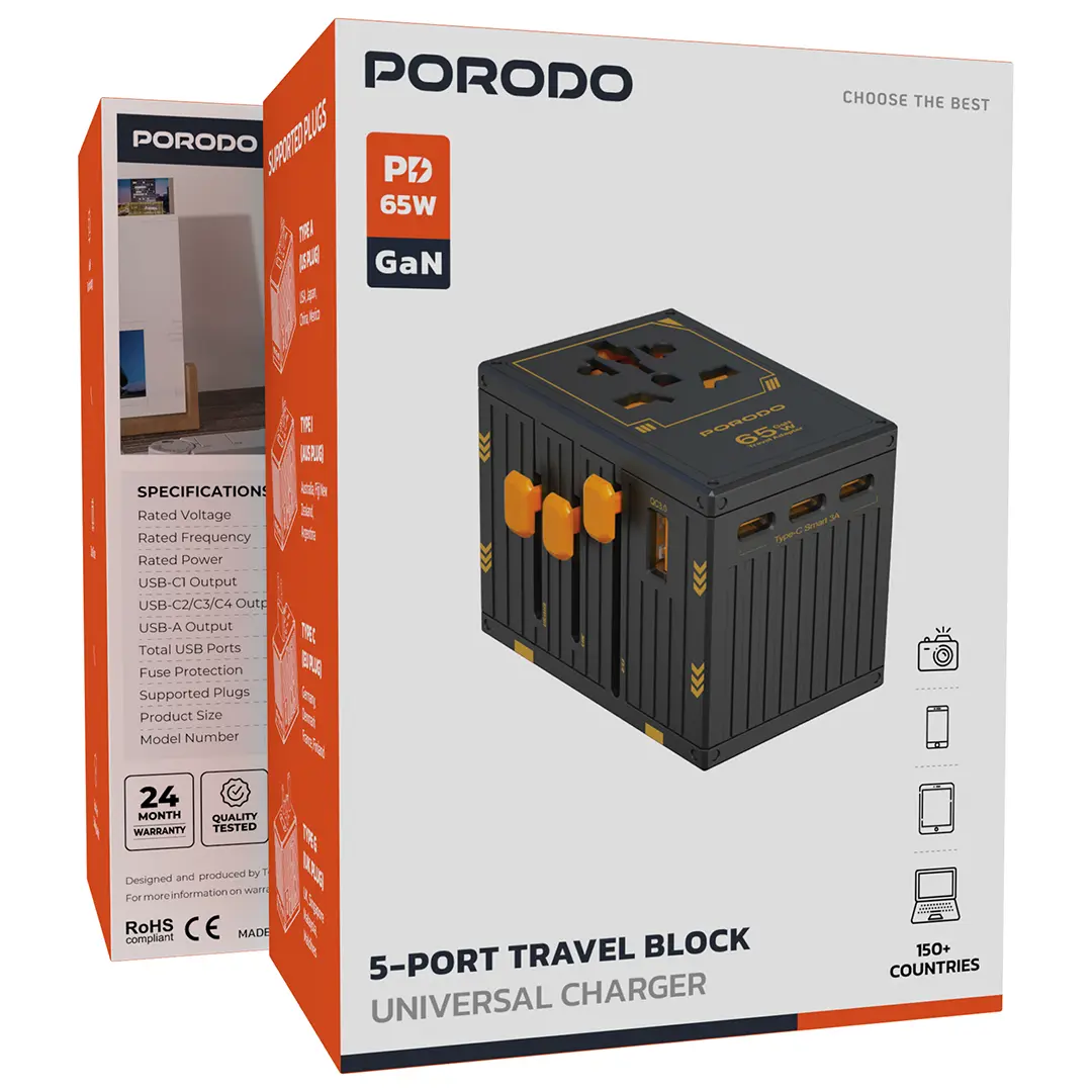 Porodo GaN 5-Port Travel Block Universal Charger - PD-FWCH038-GY