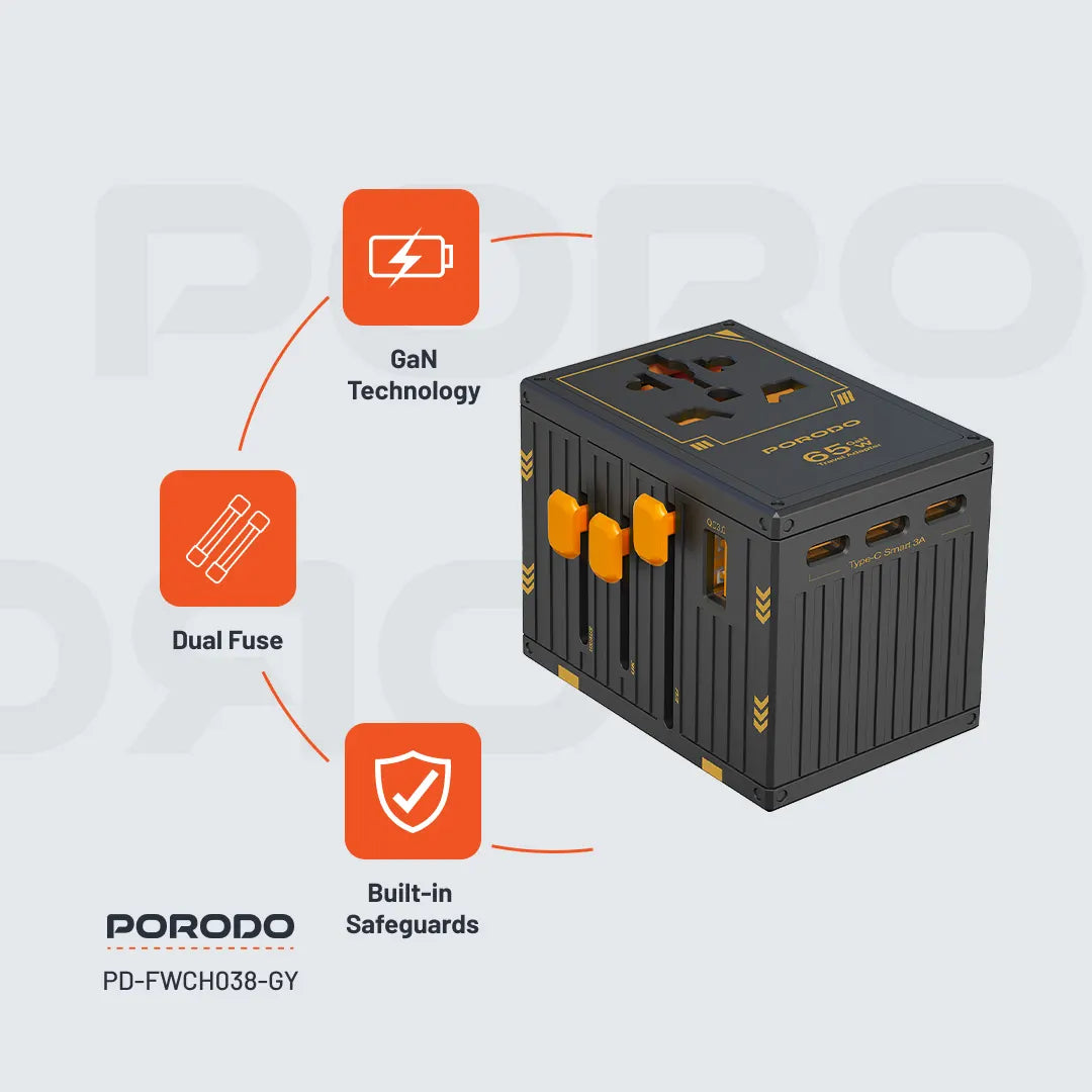 Porodo GaN 5-Port Travel Block Universal Charger - PD-FWCH038-GY