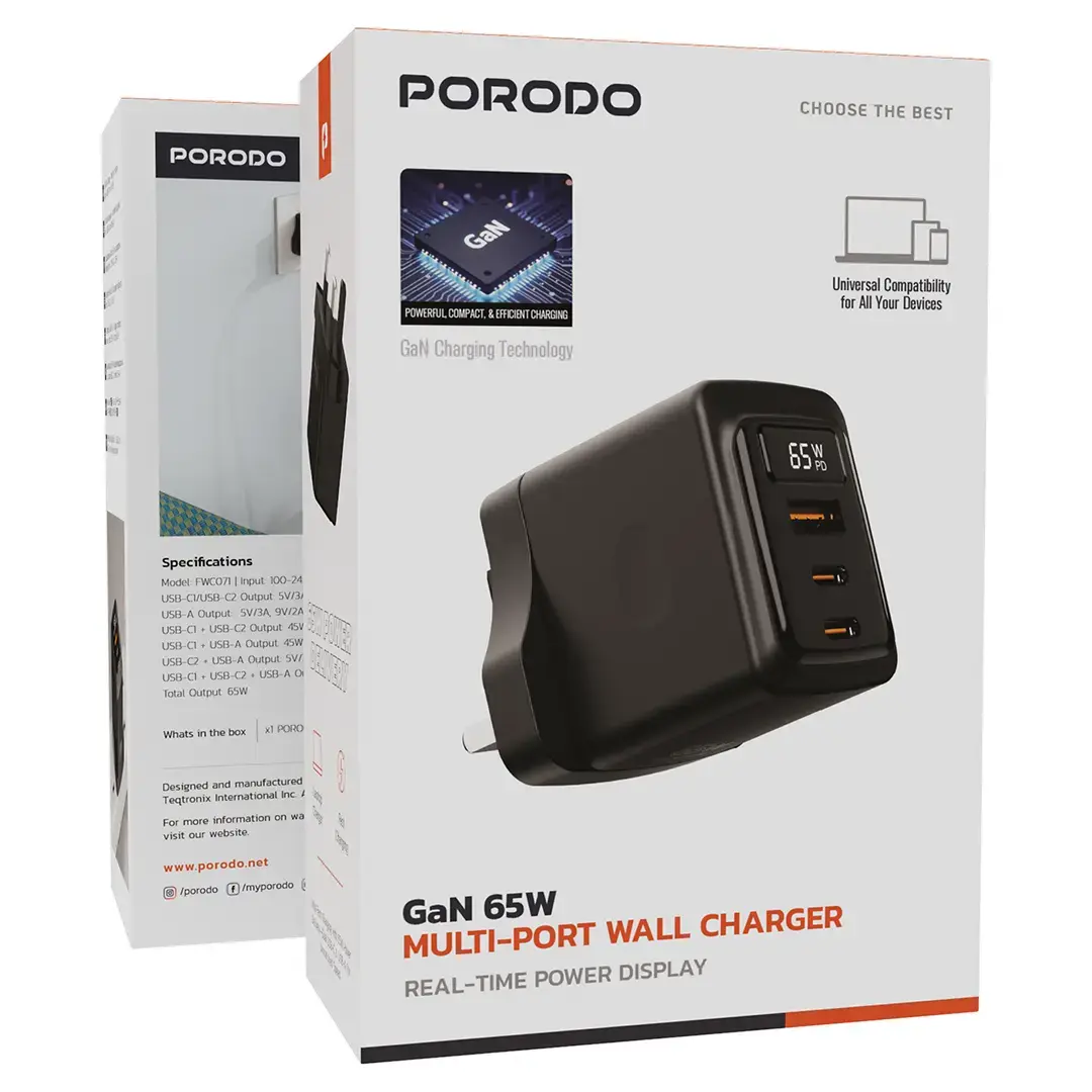 Porodo GaN 65W Multi-Port Wall Charger - PDFWCH071BK