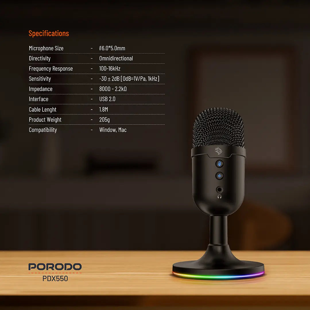 Porodo Gaming Omni-Directional USB Microphone - PDX550