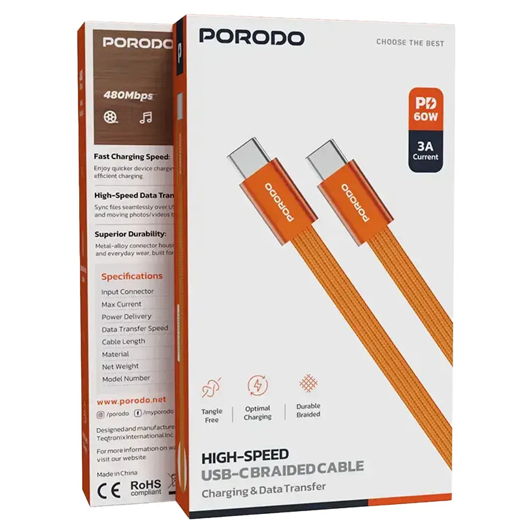 Porodo High-Speed USB-C Braided Cable Charging & Data Transfer - PD60WCBSOG