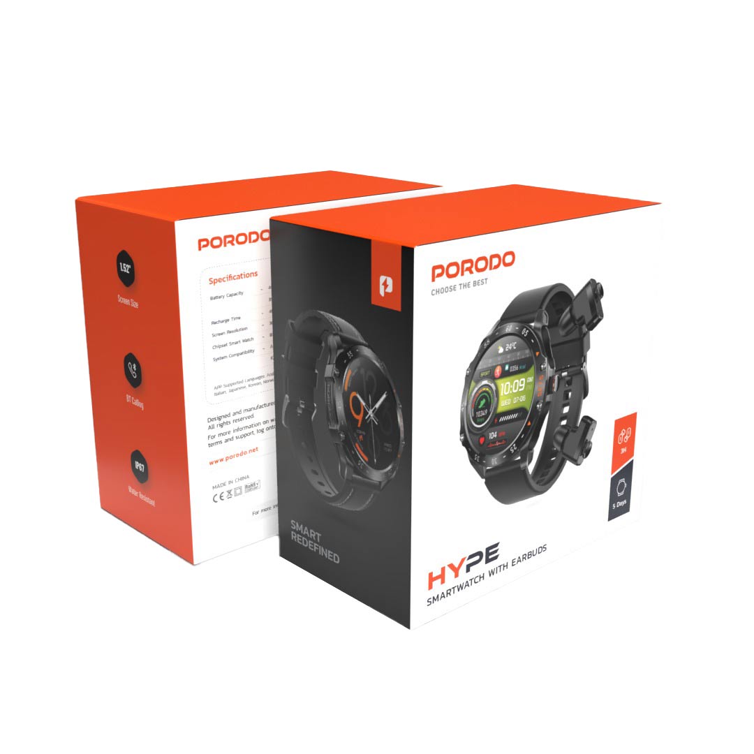 Porodo Hype Smartwatch With Earbuds - PD-HYPE-BK