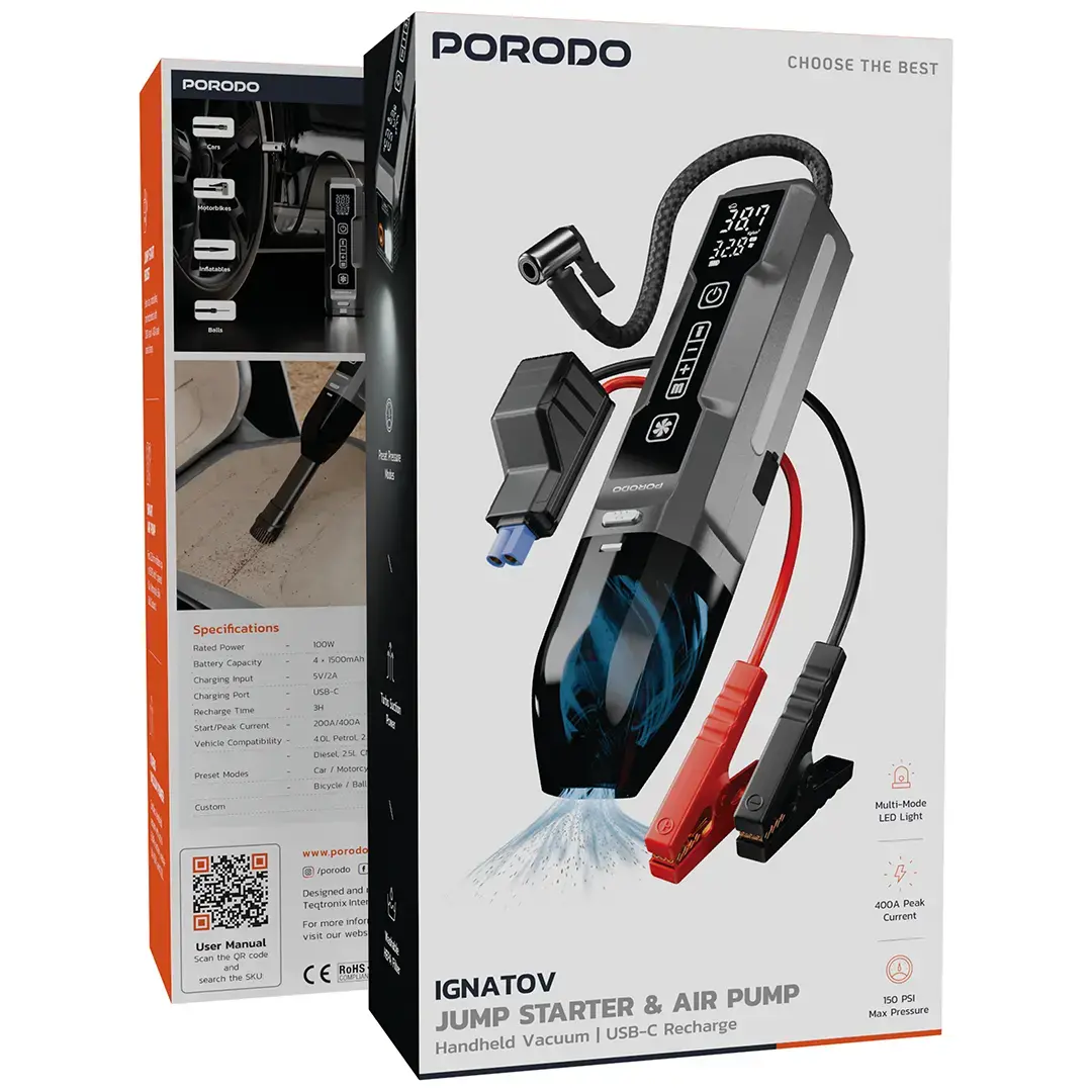 Porodo IGNATOV Jump Starter & Air Pump with Handheld Vacuum | USB-C Recharge - PDJS41BK