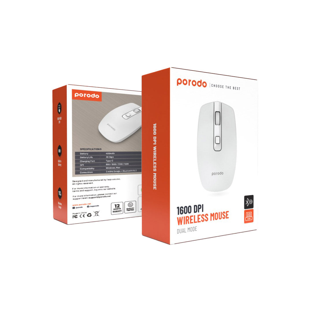 Porodo 1600 DPI Wireless Mouse Dual Mode - PD-WBRM16-BK