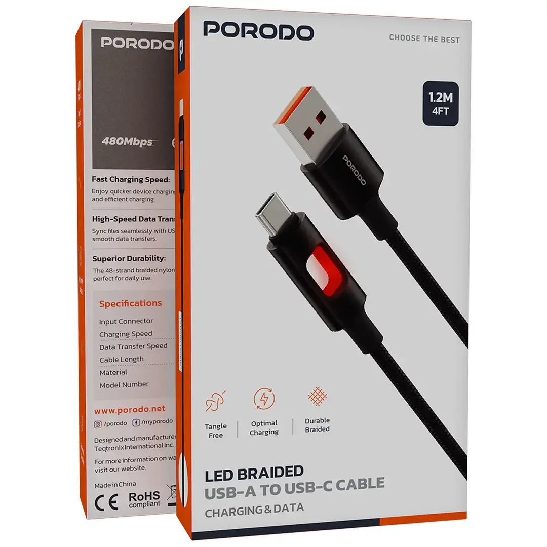 Porodo LED Braided USB-A to USB-C Cable Charging & Data Transfer - PDCBLXGH02BK