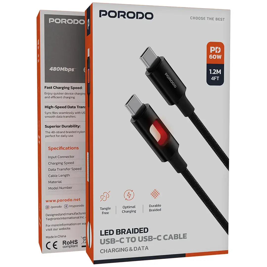 Porodo LED Braided USB-C to USB-C Cable Charging & Data Transfer PD 60W - PDCBLXGH04BK