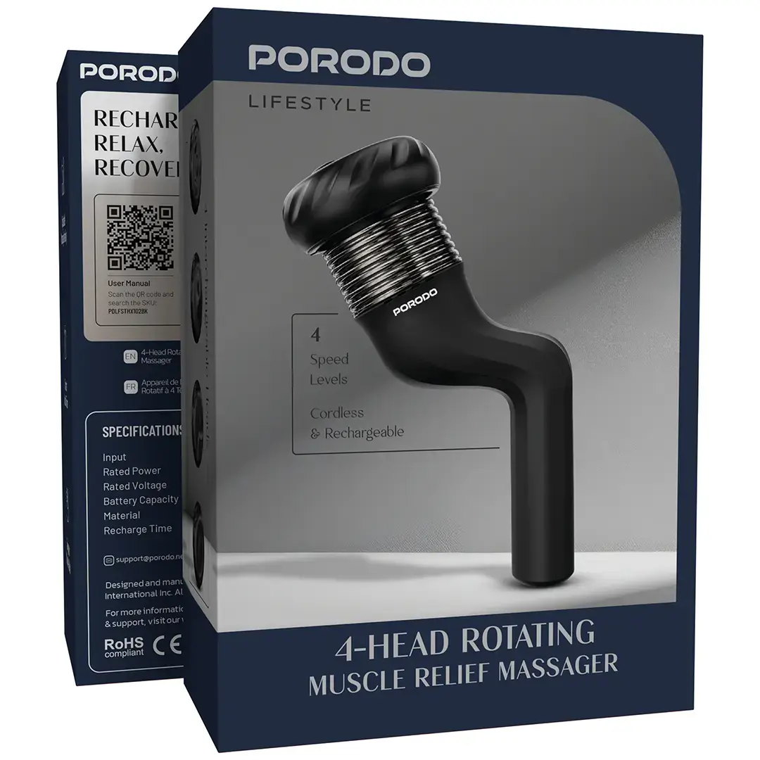 Porodo Lifestyle 4-Head Rotating Design Muscle Relief Massager - PDLFSTHX102BK