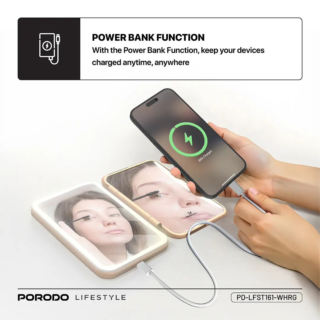 Porodo Lifestyle 5000mAh Power Bank Magnifying Mirror - PD-LFST161-WHRG