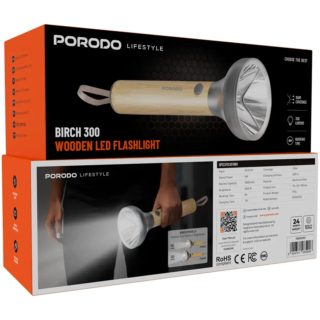Porodo Lifestyle Birch 300 Wooden LED Flashlight - PDA90502WD