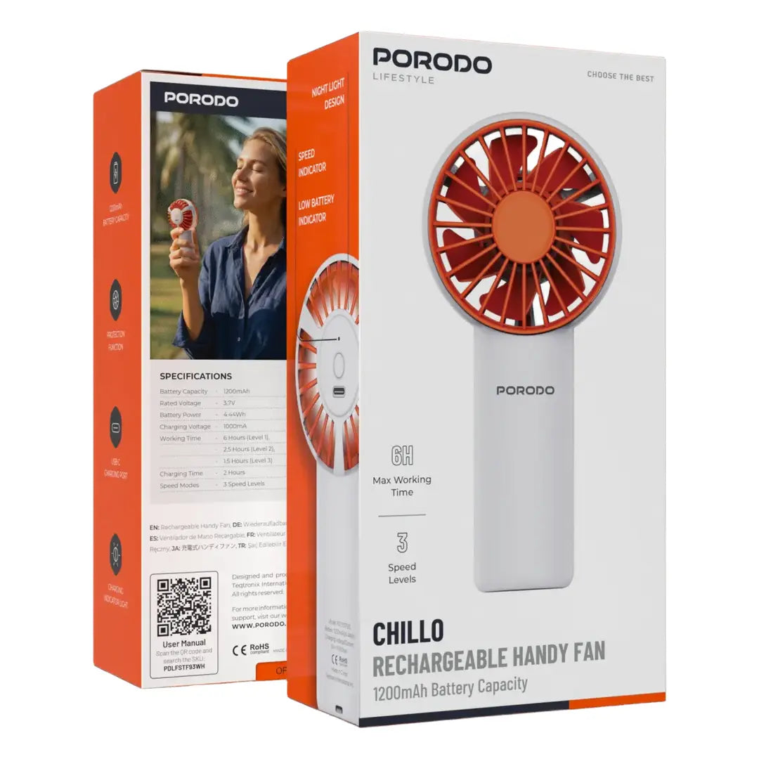 Porodo Lifestyle Chillo Rechargeable Handy Fan 1200mAh - White