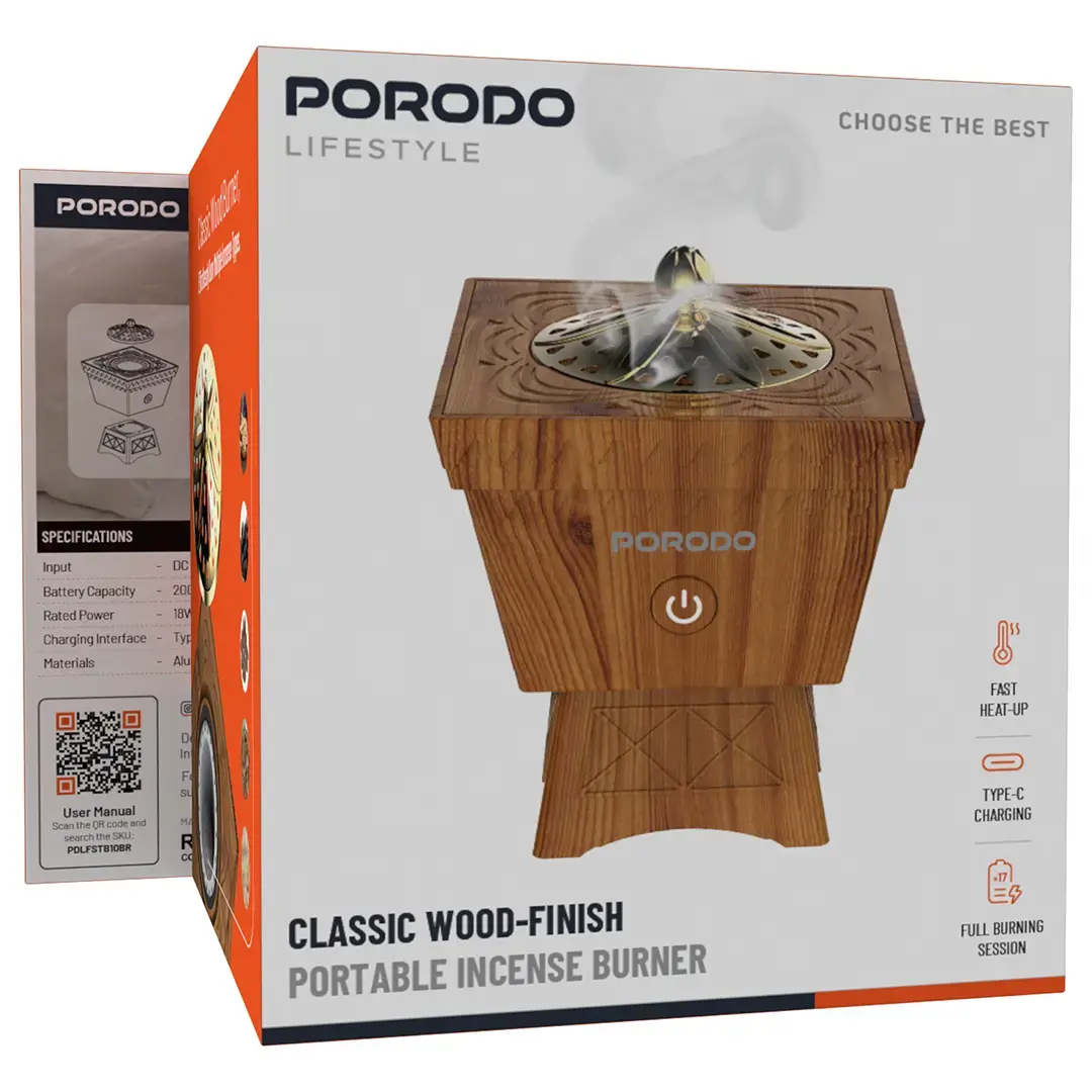 Porodo Lifestyle Classic Wood-Finish Portable Incense Burner - PDLFSTB10BR