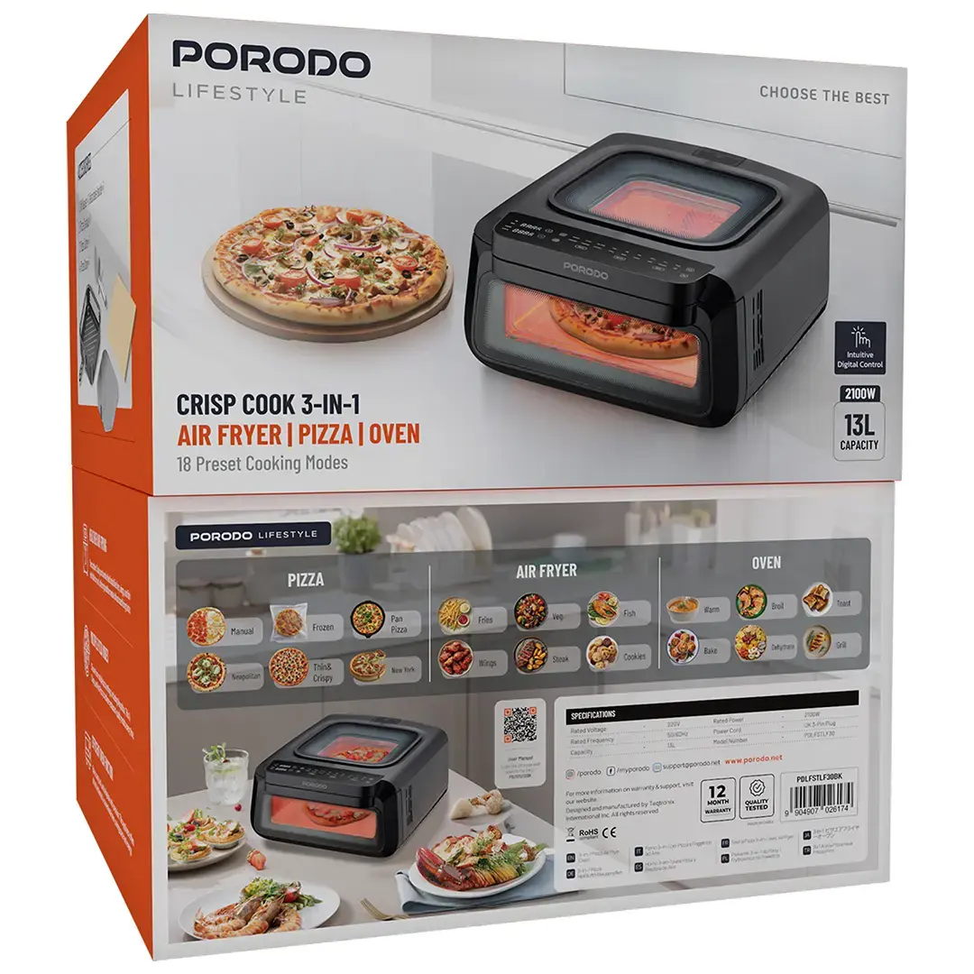 Porodo Lifestyle Crisp Cook 3-In-1 Air Fryer, Pizza, Oven - PDLFSTLF30BK