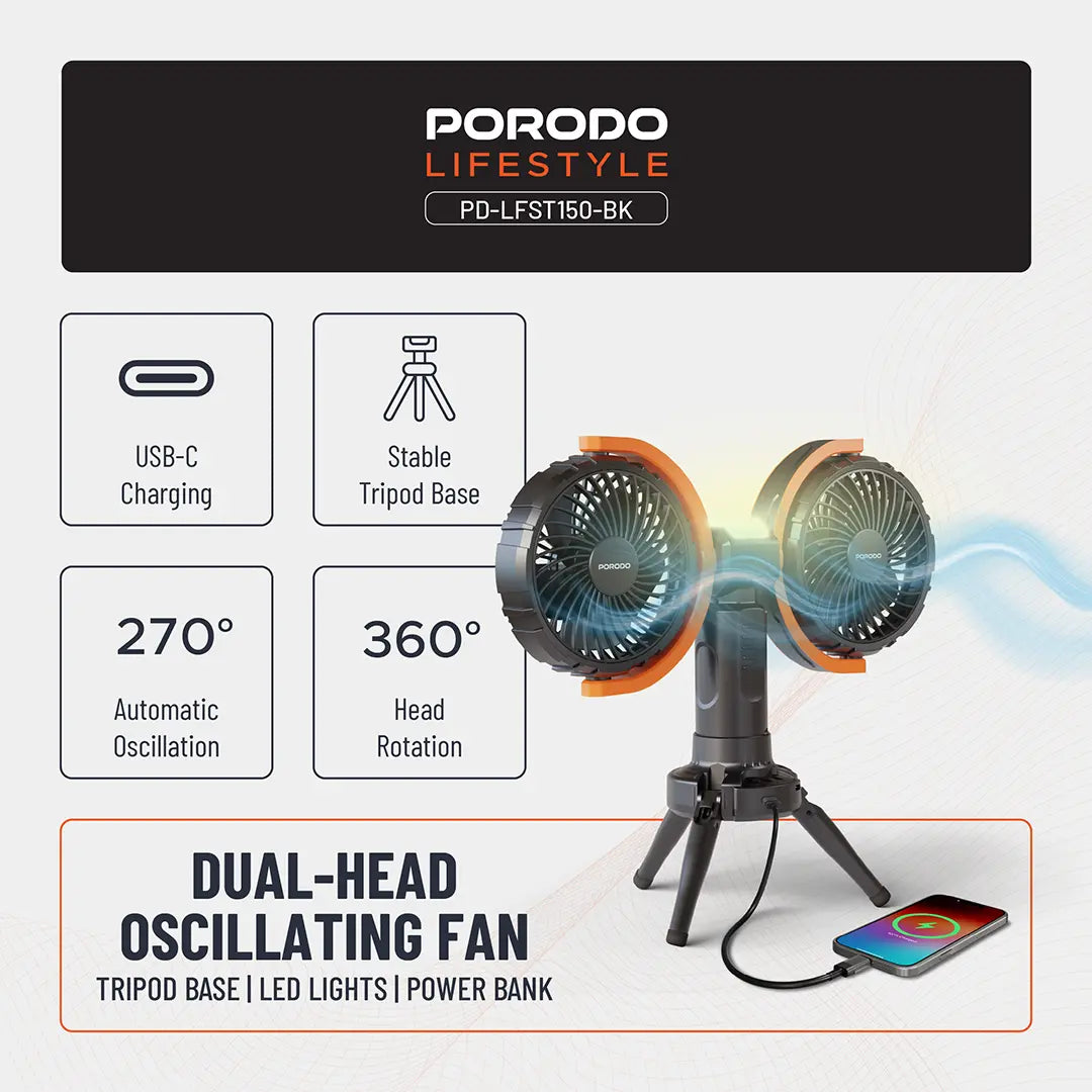 Porodo Lifestyle Dual-Head Oscillating Fan - PD-LFST150-BK