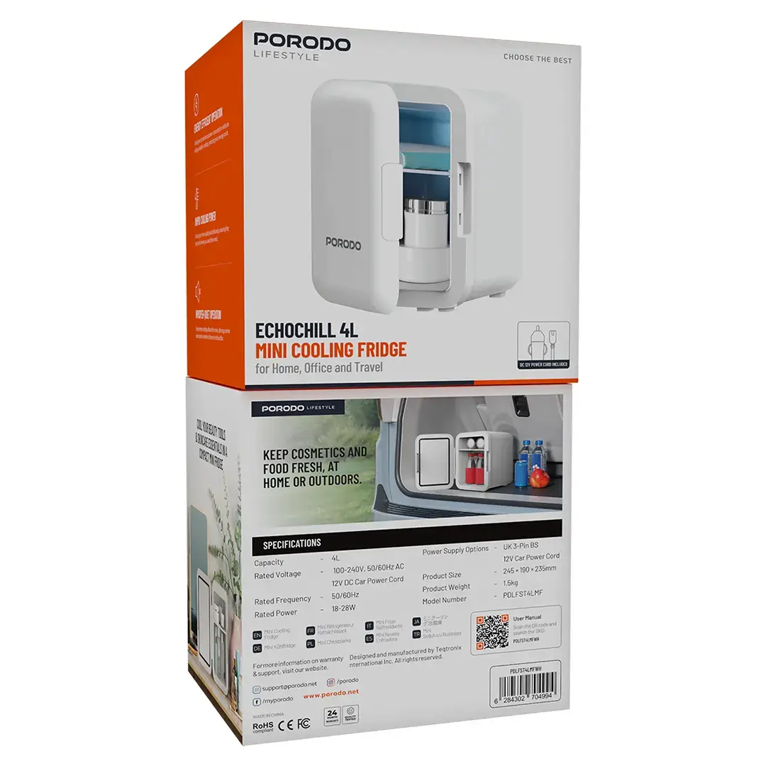 Porodo Lifestyle Echochill 4L Mini Cooling Fridge, For Home, Office And Travel - PDLFST4LMFWH