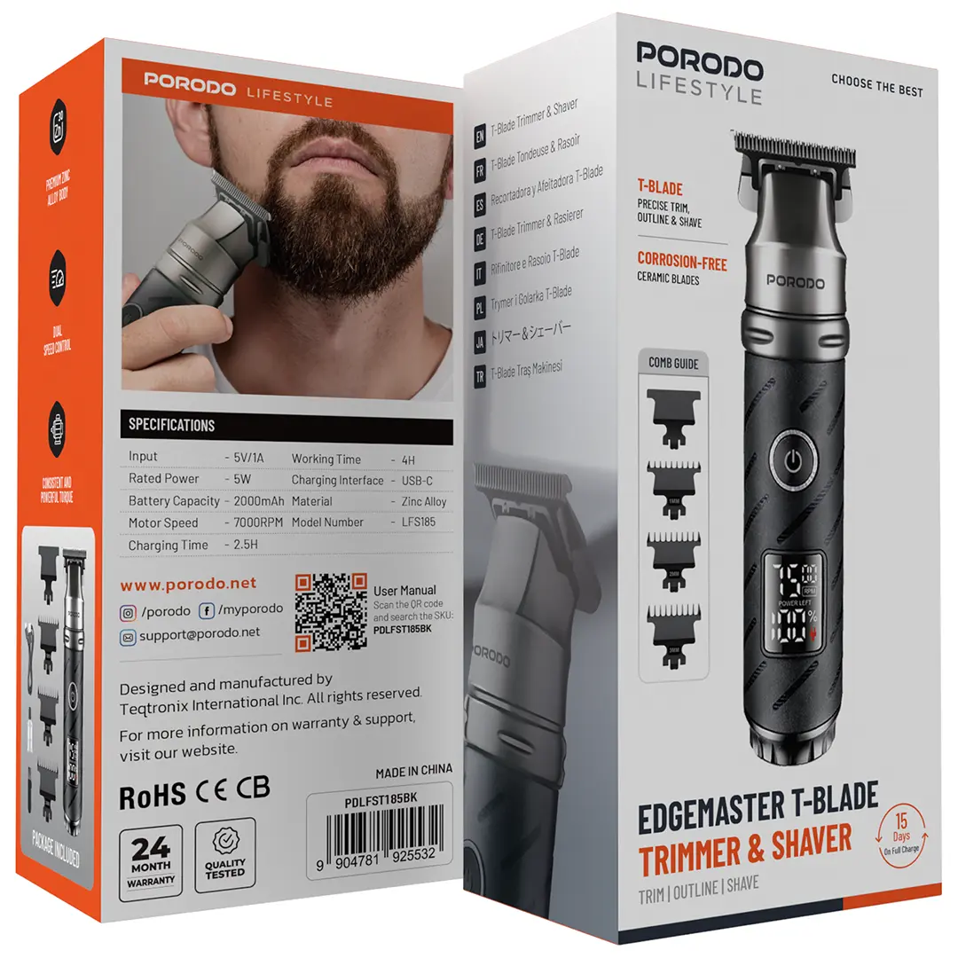 Porodo Lifestyle Edgemaster T-Blade Trimmer & Shaver - PDLFST185BK