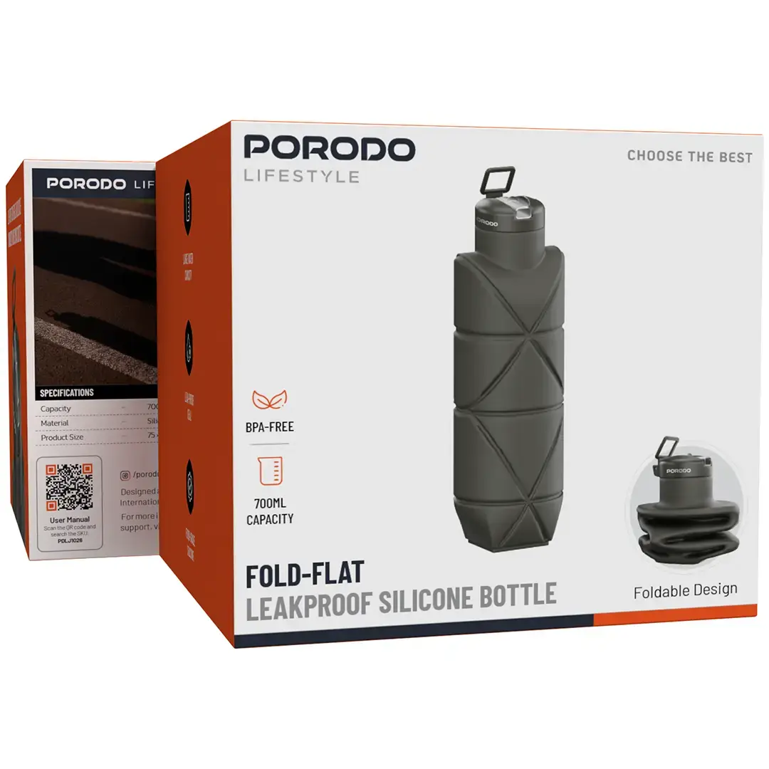 Porodo Lifestyle Fold-Flat LeakProof Silicone Bottle - PDLJ1026BK