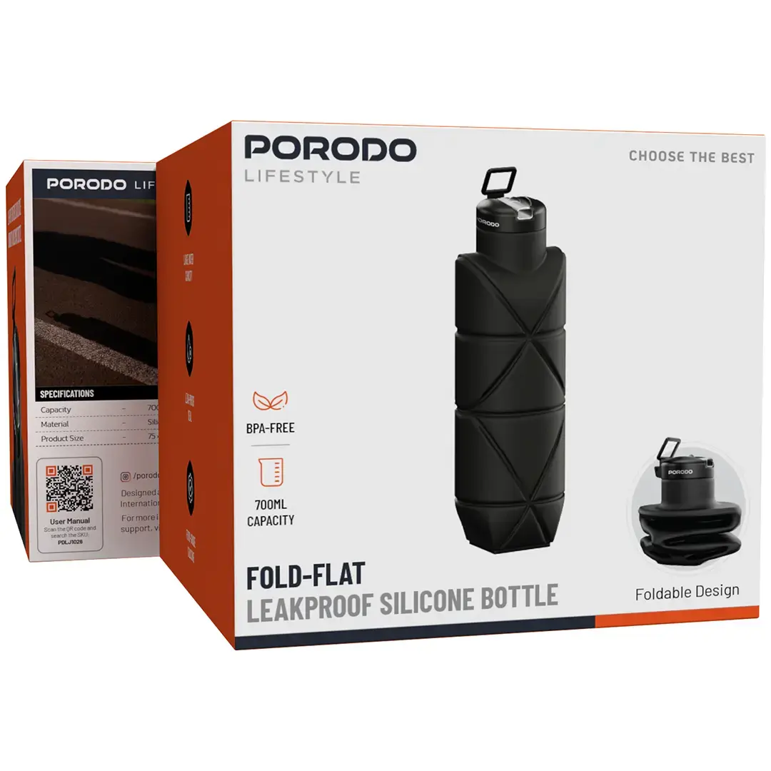 Porodo Lifestyle Fold-Flat LeakProof Silicone Bottle - PDLJ1026BK