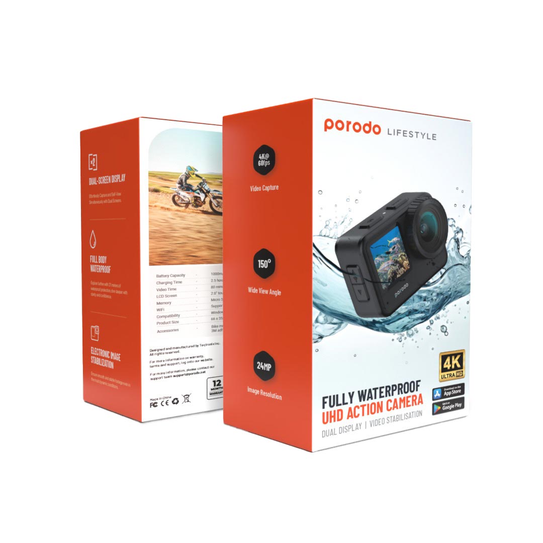 Porodo Lifestyle Fully Waterproof UHD Action Camera Dual Display With Video Stabilisation - PD-5KACAM-BK
