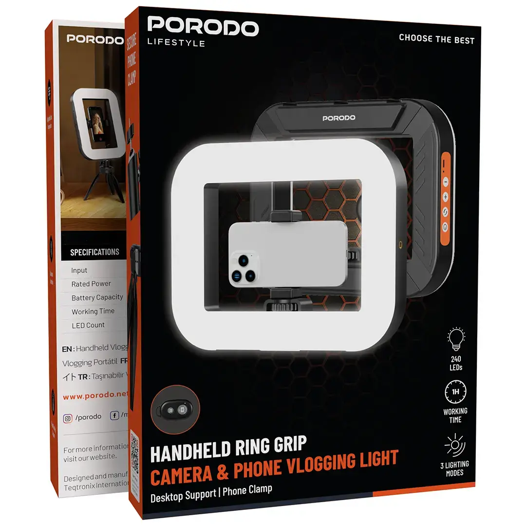 Porodo Lifestyle Handheld ring grip Camera & phone vlogging light Desktop support | Phone clamp - PDLFST214BK