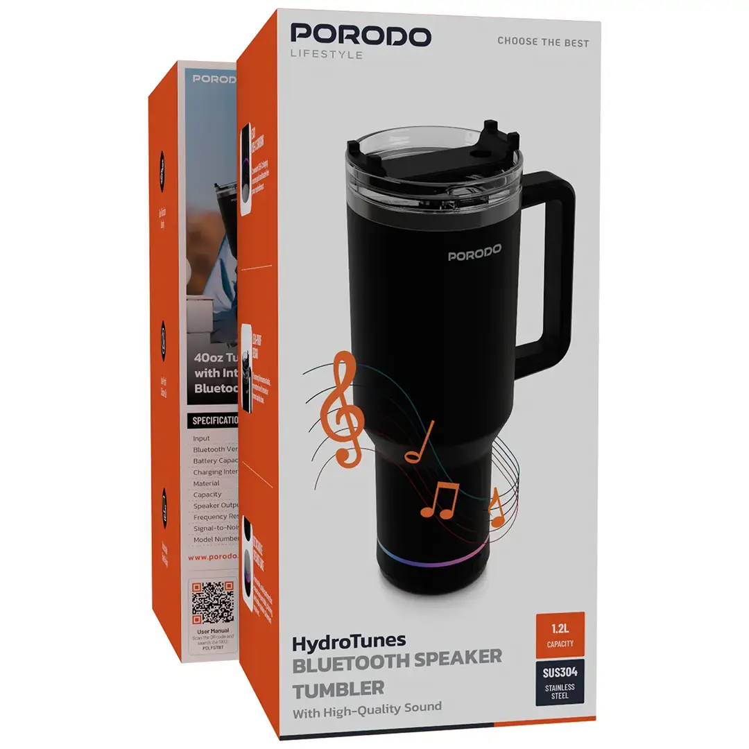 Porodo Lifestyle HydroTunes Bluetooth Speaker Tumbler With High-Quality Sound - PDLFSTBTBK